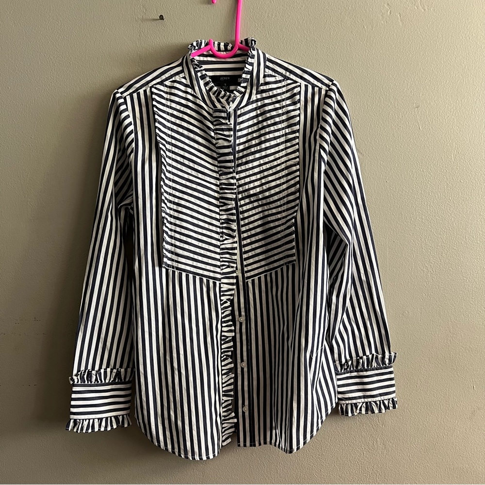 J Crew Ruffle Trim Tuxedo Long Sleeve Button Cotton Top Stripe Blue White sz S